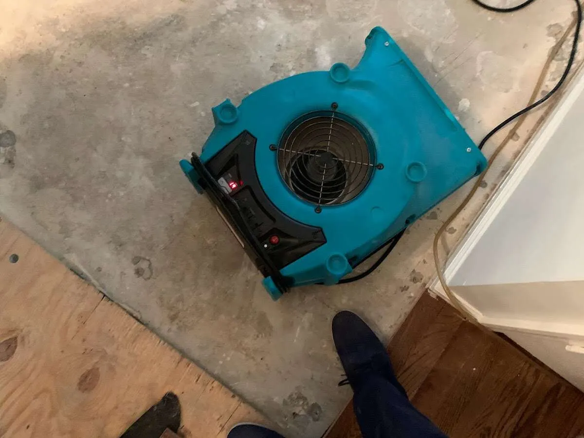 Air mover drying subfloor during Commercial Water Damage Restoration in Highland Lakes
